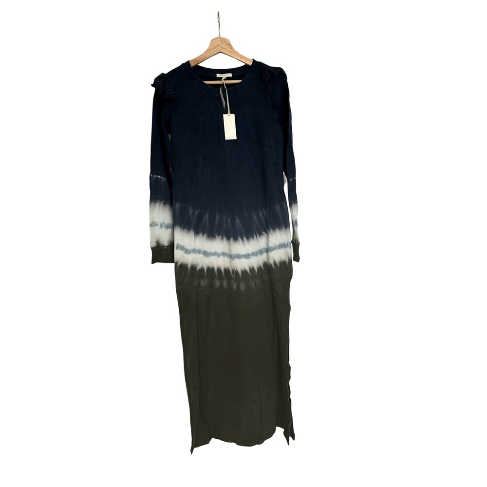 Z Supply Black Iris Tie Dye Ruffle Maxi Dress Long Sleeve Navy Olive NWT S